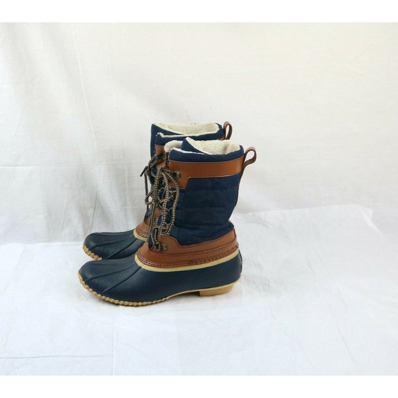 Lands End Womens 502432 Lined Winter Duck Boots Mid Calf Lace Up Blue Brown 7.5B - Picture 1 of 7